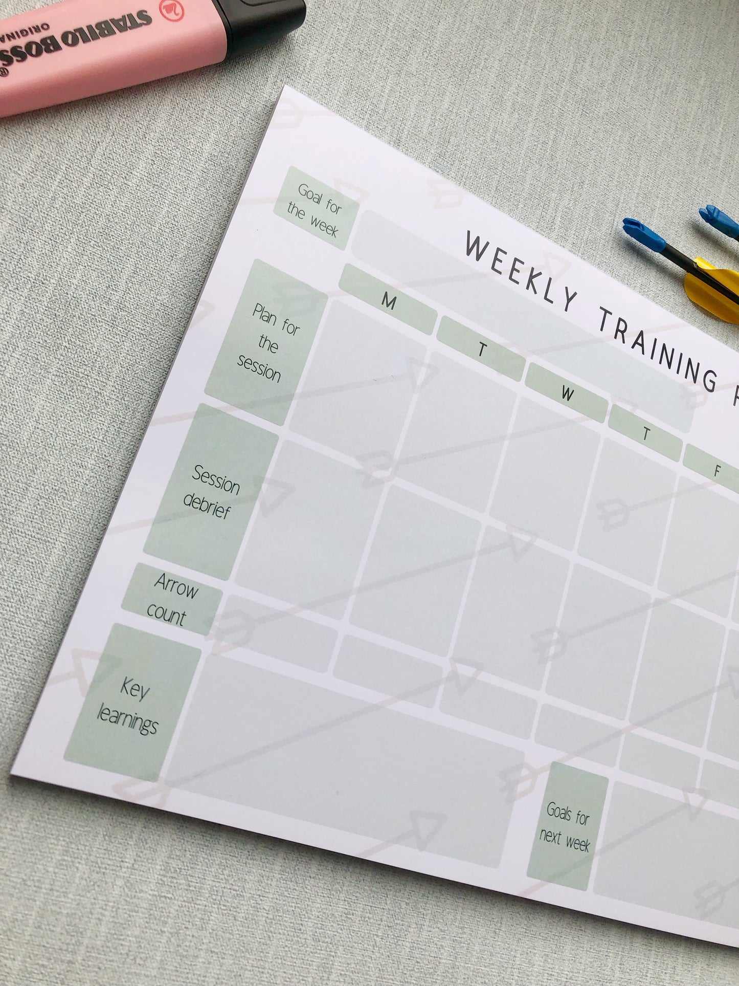 Green themed archery weekly planner. With different sections titled, goal for the week, plan for the session, session debrief, arrow count, key learnings, and goal for next week.