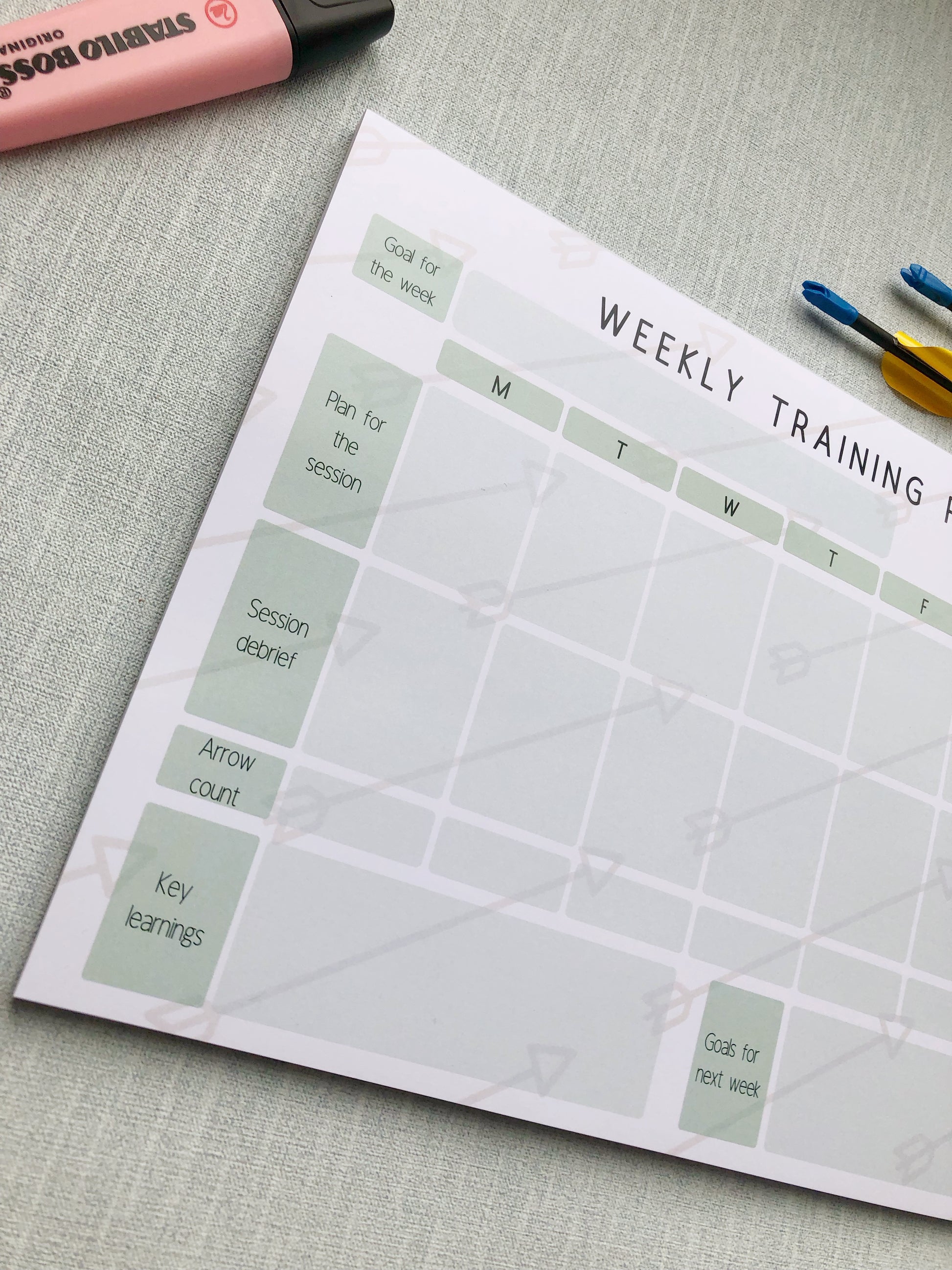 Green themed archery weekly planner. With different sections titled, goal for the week, plan for the session, session debrief, arrow count, key learnings, and goal for next week.