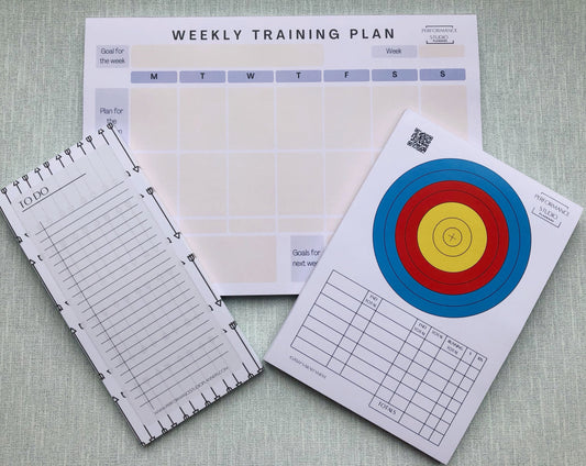 Archery weekly training planner, an archery target face plotting and scoring pad, and an archery themed to do notepad
