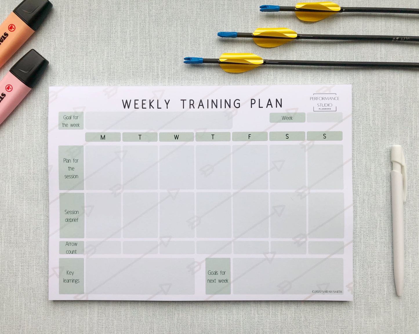 Green themed archery weekly planner. With different sections titled, goal for the week, plan for the session, session debrief, arrow count, key learnings, and goal for next week.